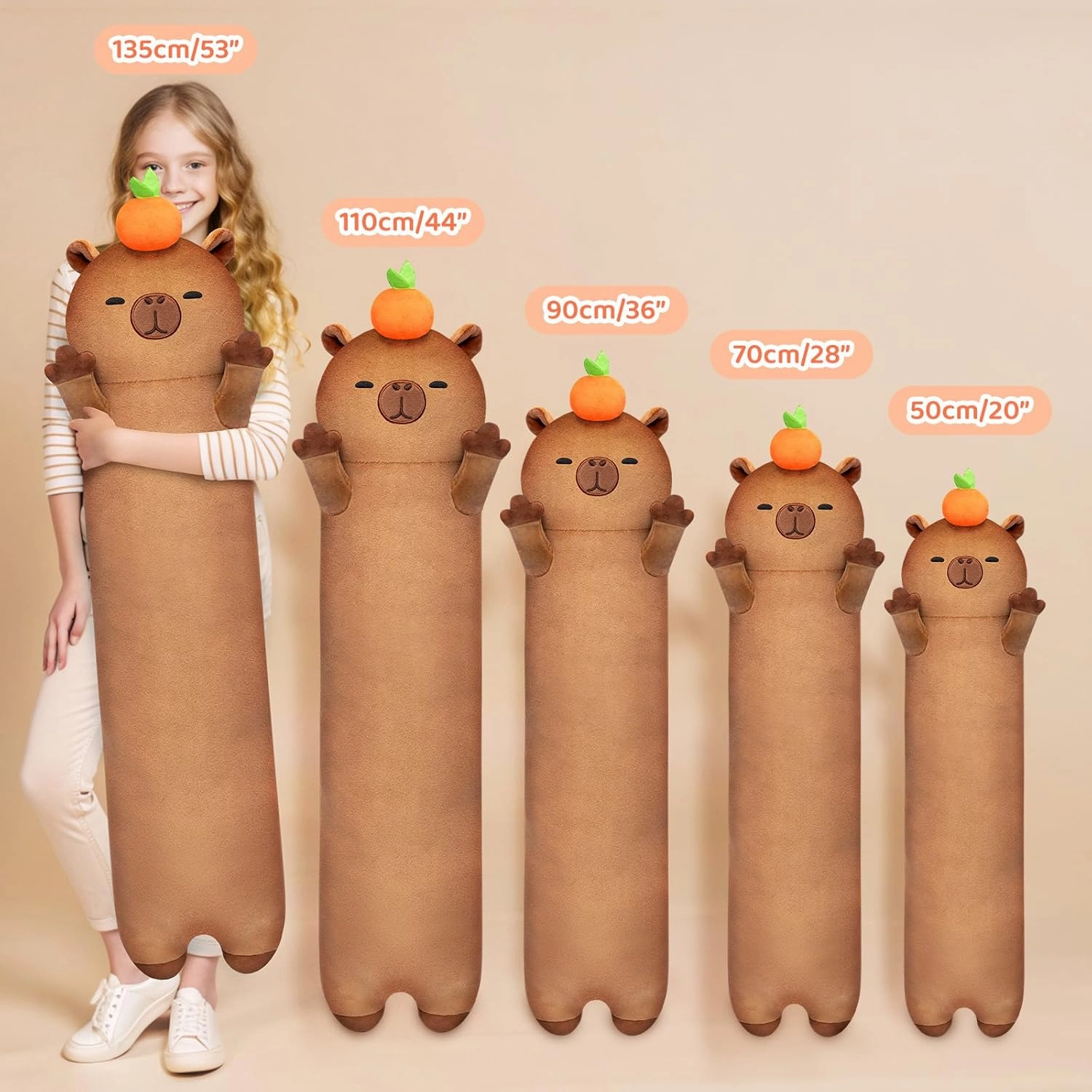 Long Capybara Plush 5 Sizes, 120% Extra Filling Giant Plushness Kids Body Pillow, Kawaii Cute Capybara Stuffed Animals Plushies, Big Long Body Pillow Cat Plush Gift for Girls 20”