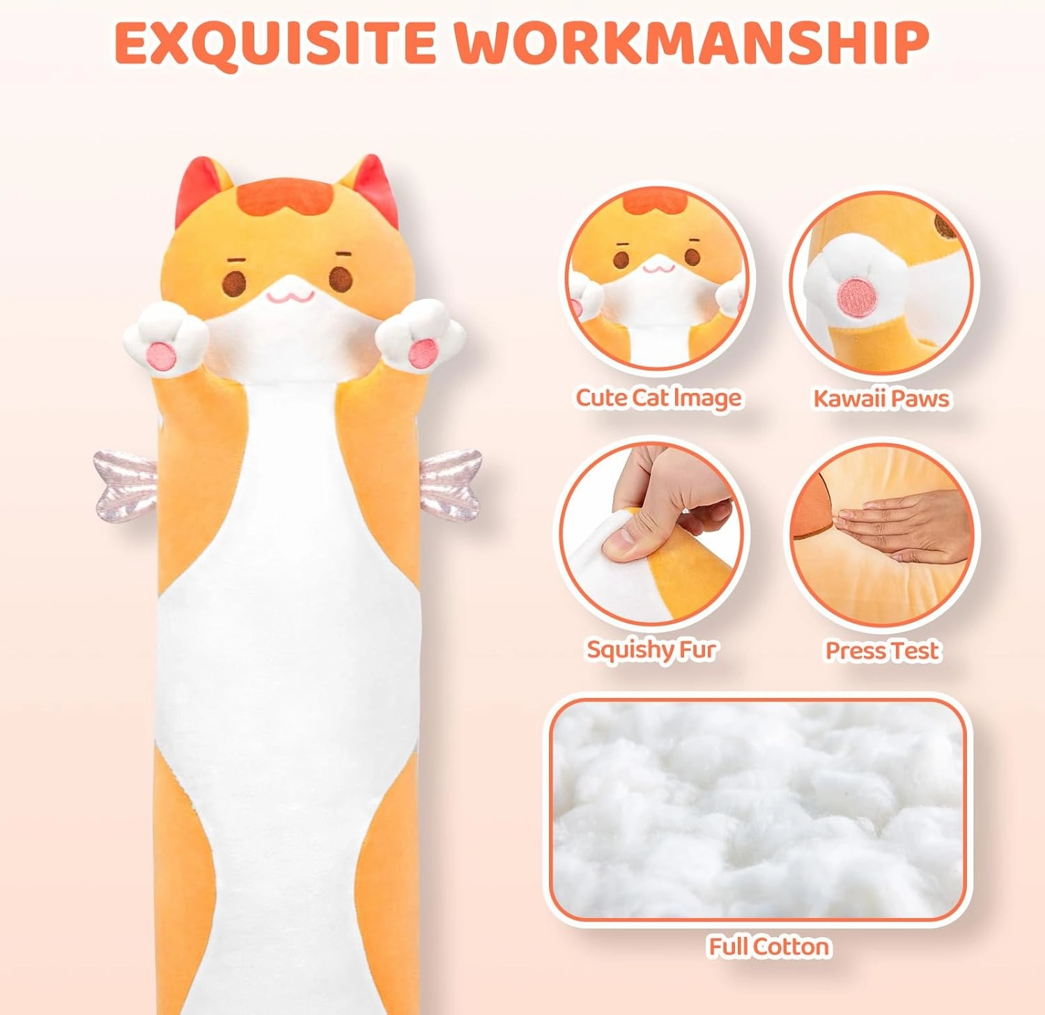 Long Cat Plush Body Pillow, 28” Cute Brown Stuffed Animals Soft Plushies, Kitten Doll Toy Gift for Girlfriend
