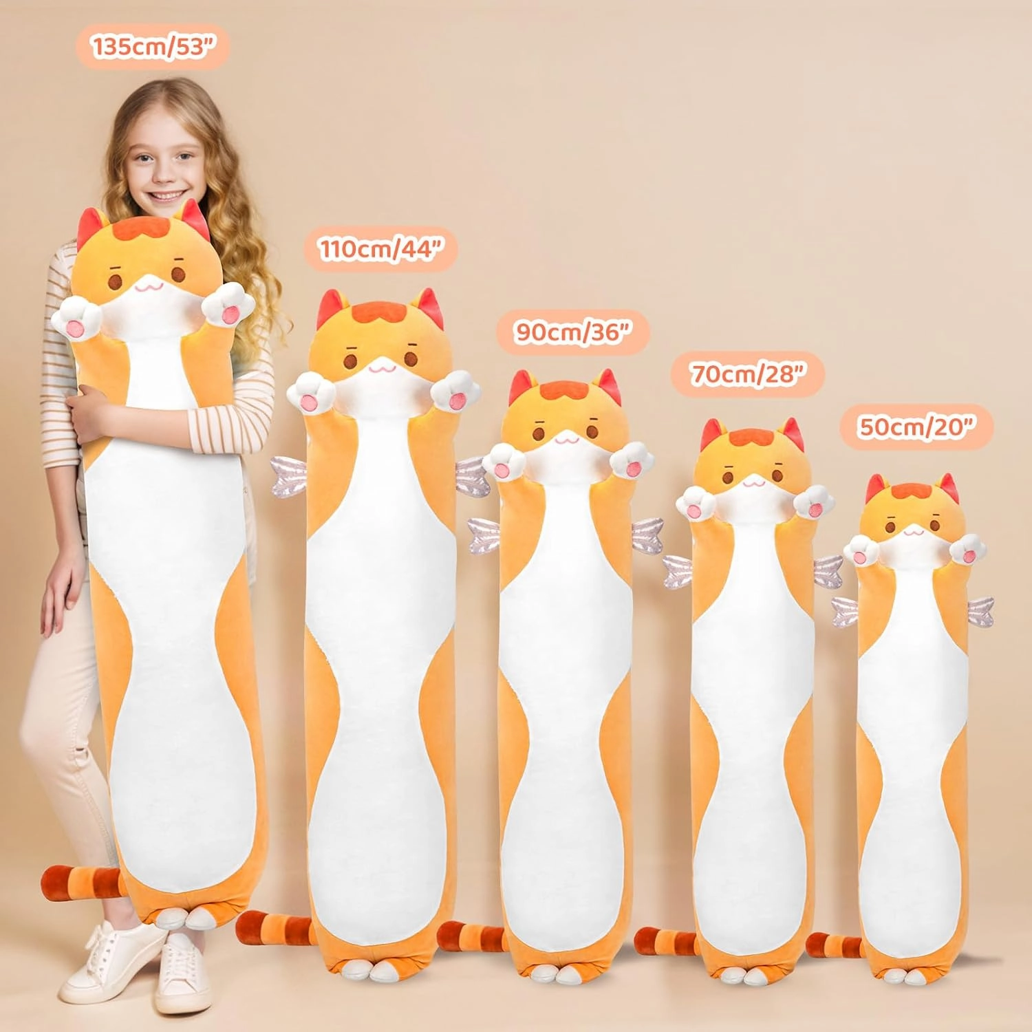 Long Cat Plush Body Pillow, 28” Cute Brown Stuffed Animals Soft Plushies, Kitten Doll Toy Gift for Girlfriend