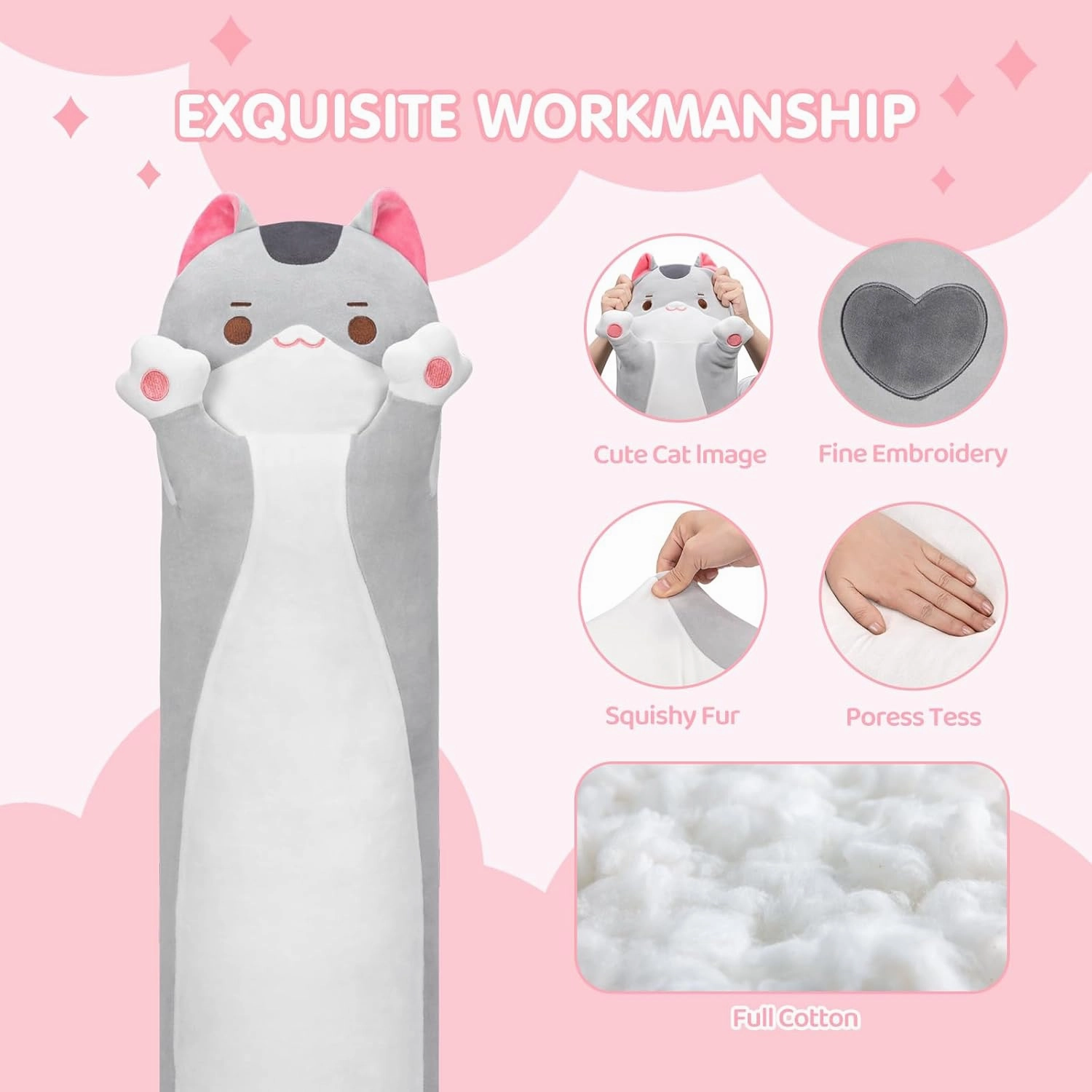 Long Cat Plush Cat Body Pillow, 53 Inch Cute Gray Cat Stuffed Animals Soft Plushies, Kitten Kawaii Plush Throw Pillow Doll Toy Gift for Girlfriend