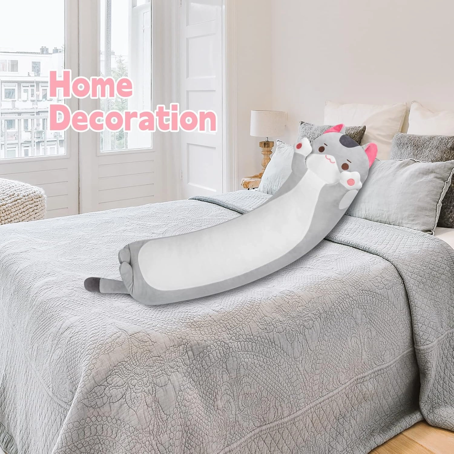 Long Cat Plush Cat Body Pillow, 53 Inch Cute Gray Cat Stuffed Animals Soft Plushies, Kitten Kawaii Plush Throw Pillow Doll Toy Gift for Girlfriend