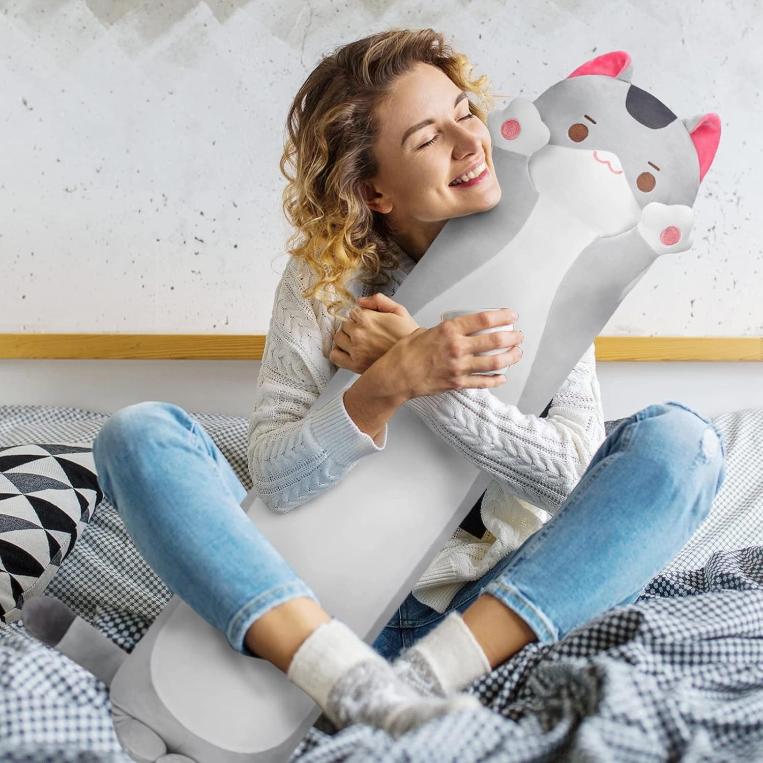 Long Cat Plush Cat Body Pillow, 53 Inch Cute Gray Cat Stuffed Animals Soft Plushies, Kitten Kawaii Plush Throw Pillow Doll Toy Gift for Girlfriend