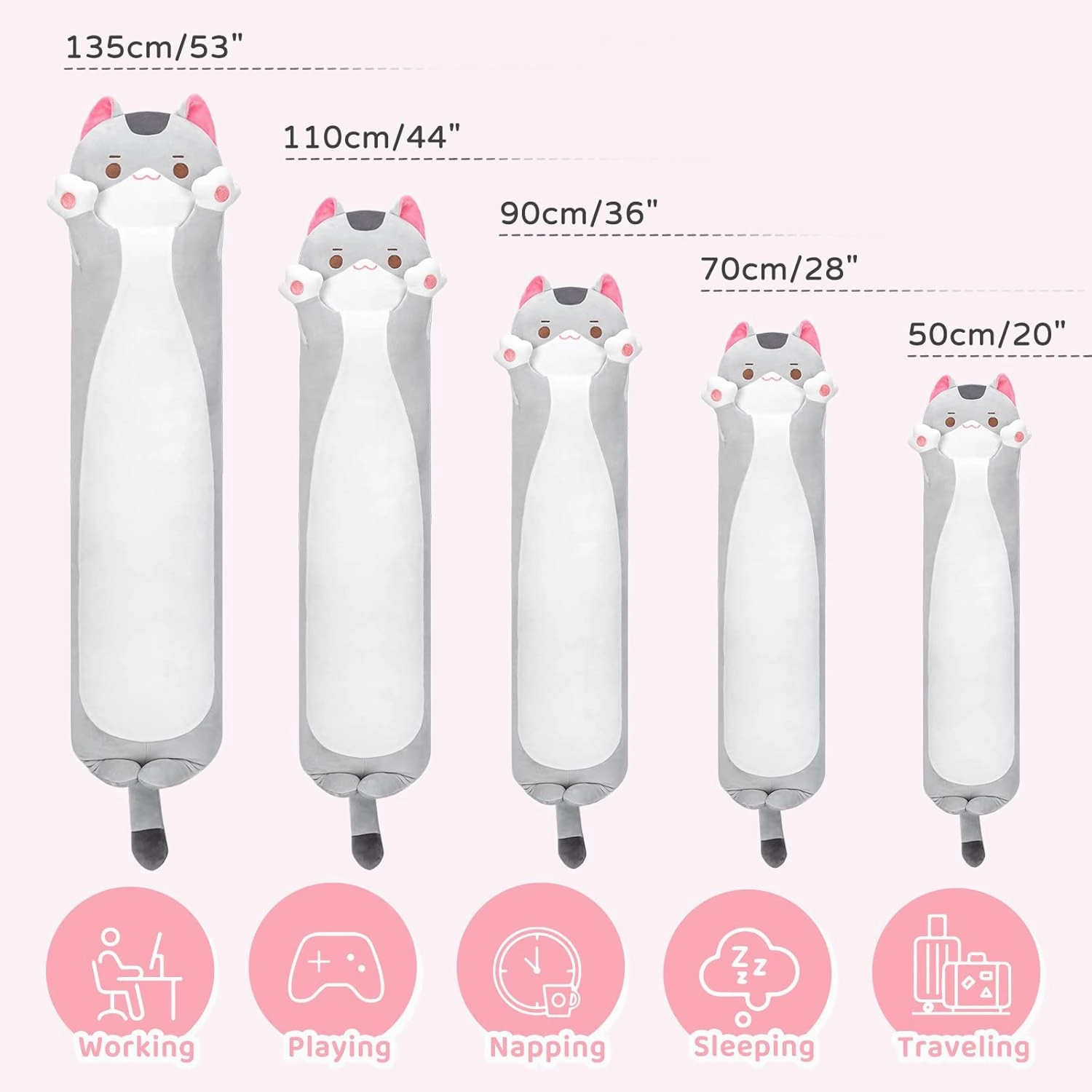 Long Cat Plush Cat Body Pillow, 53 Inch Cute Gray Cat Stuffed Animals Soft Plushies, Kitten Kawaii Plush Throw Pillow Doll Toy Gift for Girlfriend