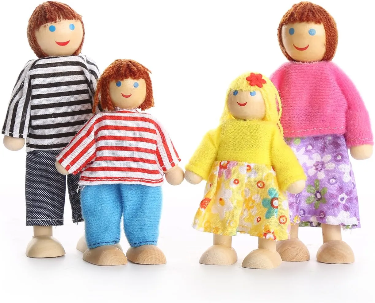 Lovely Happy Family Dolls Playset Wooden Figures Set of 7 People with Dog for Kids Children Toddlers Dollhouse Pretend Gift