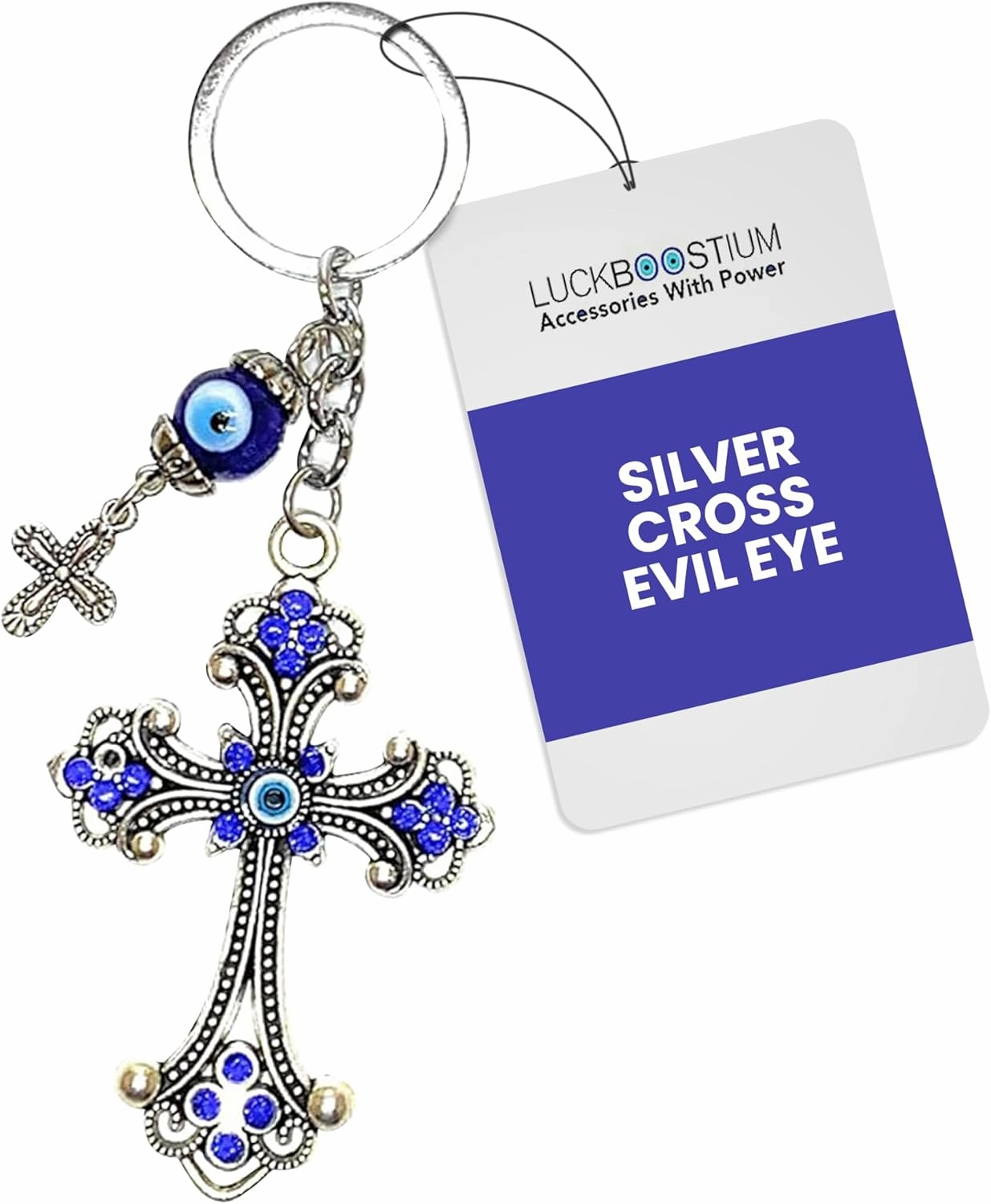 LUCKBOOSTIUM Evil Eye Car Hanging Ornament & Keychain Silver Cross w/Blue Crystal Rhinestones & Blue White Black Resin Sign of Good Luck & Blessing, Cute Charm for Home Keys, Office, Bag, Good Luck
