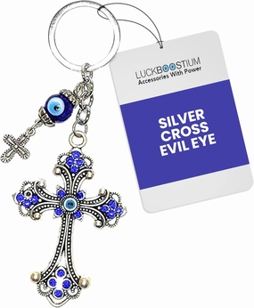 LUCKBOOSTIUM Evil Eye Car Hanging Ornament & Keychain Silver Cross w/Blue Crystal Rhinestones & Blue White Black Resin Sign of Good Luck & Blessing, Cute Charm for Home Keys, Office, Bag, Good Luck