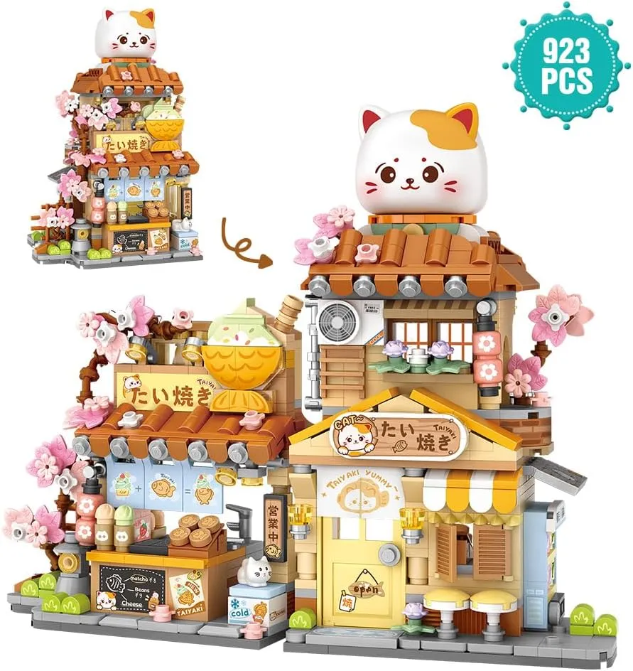 Lucky Cat Building Set,Openable Taiyaki Shop 923PCS Mini Brick Building Toy for Boys Girls Age 8 
