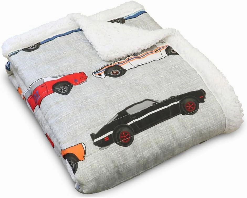 Lush Decor Cars Throw | Fuzzy Reversible Sherpa Blanket with Racing Print Design for Kids-60” x 50, Blue & Orange