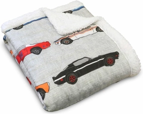 Lush Decor Cars Throw | Fuzzy Reversible Sherpa Blanket with Racing Print Design for Kids-60” x 50, Blue & Orange