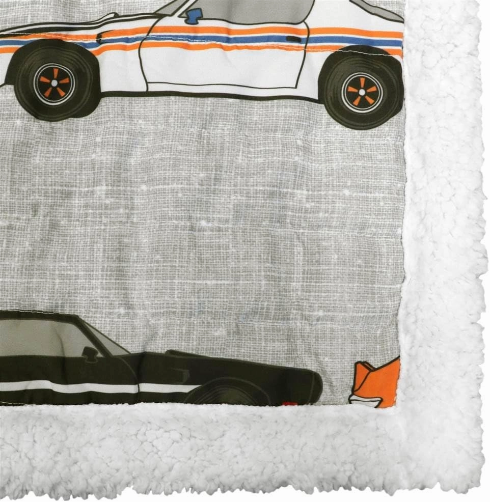 Lush Decor Cars Throw | Fuzzy Reversible Sherpa Blanket with Racing Print Design for Kids-60” x 50, Blue & Orange