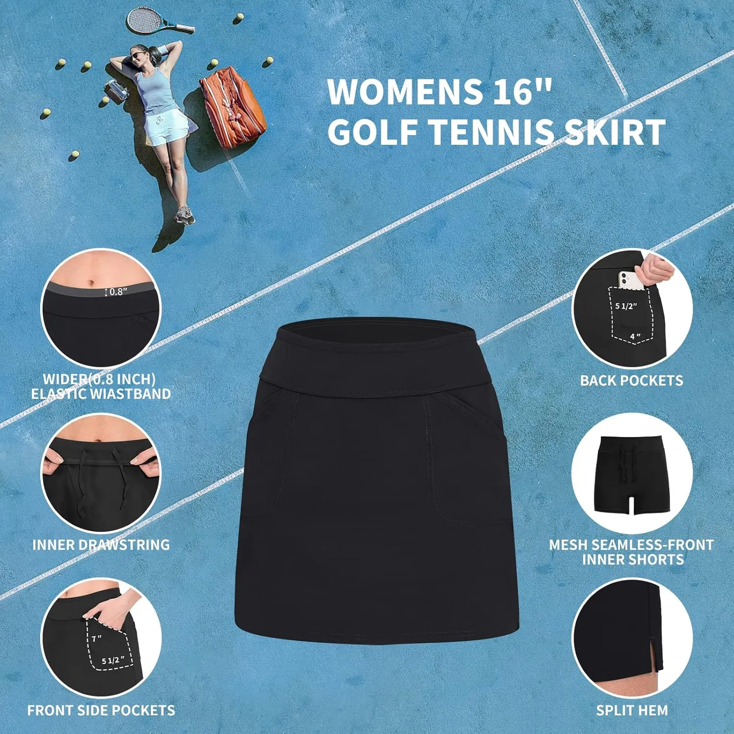 M MOTEEPI 16" Golf Skirt for Women Tennis Skirt with 4 Pockets High Waisted Athletic Skorts Skirts