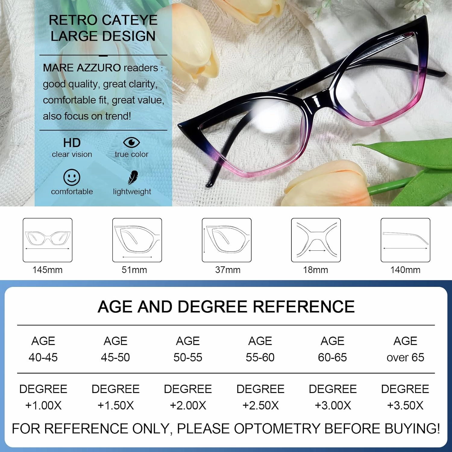 MARE AZZURO Cat Eye Reading Glasses Women Retro Cute Readers 1.0 1.25 1.5 1.75 2.0 2.25 2.5 2.75 3.0 3.5 4.0 5.0 6.0 (Purple, 1.00)