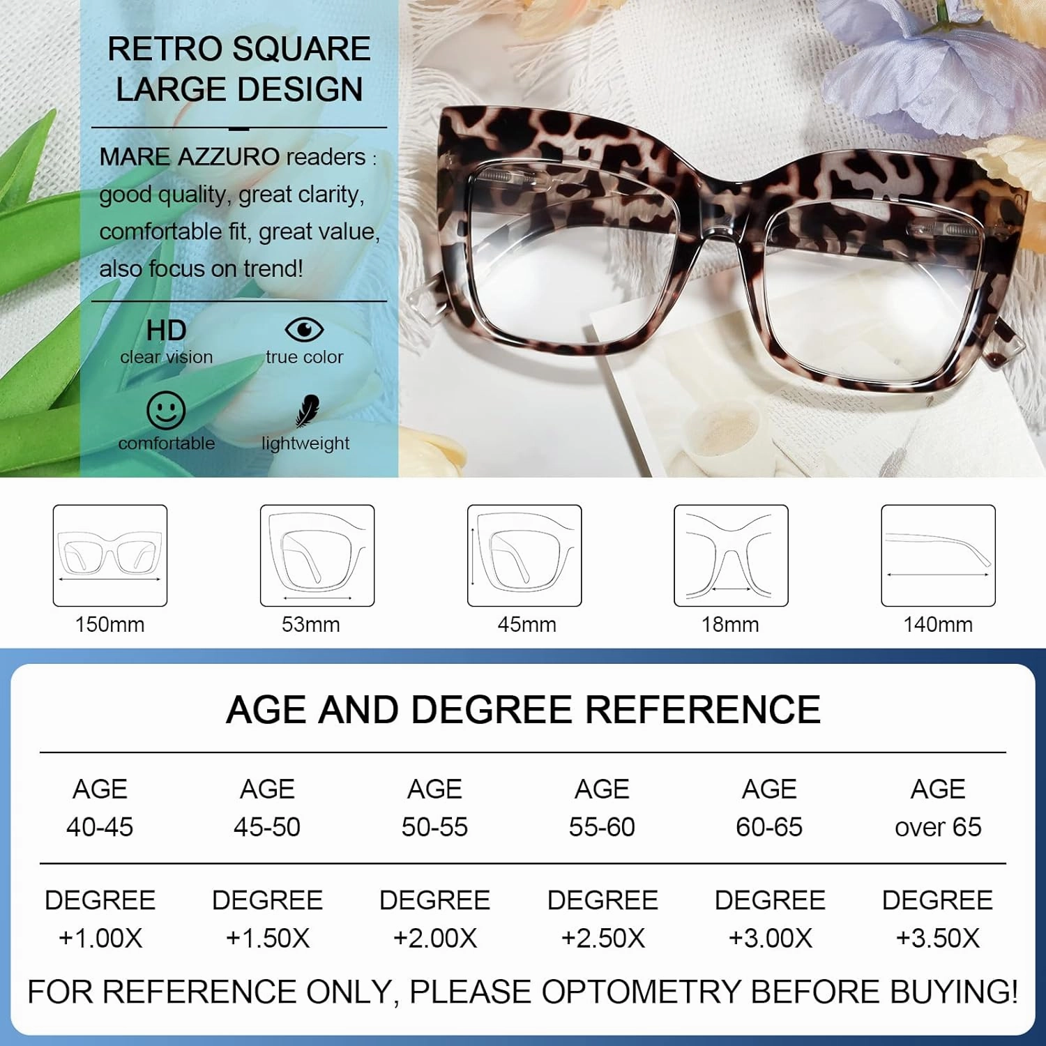 MARE AZZURO Oversized Reading Glasses Women Large Square Readers 1.0 1.25 1.5 1.75 2.0 2.25 2.5 2.75 3.0 3.5 4.0 5.0 6.0