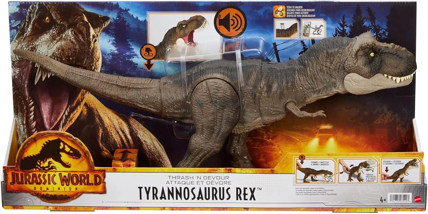 Mattel Jurassic World Dominion Thrash ‘N Devour Tyrannosaurus T Rex Action Figure Toy with Sound and Motion for Battle Play