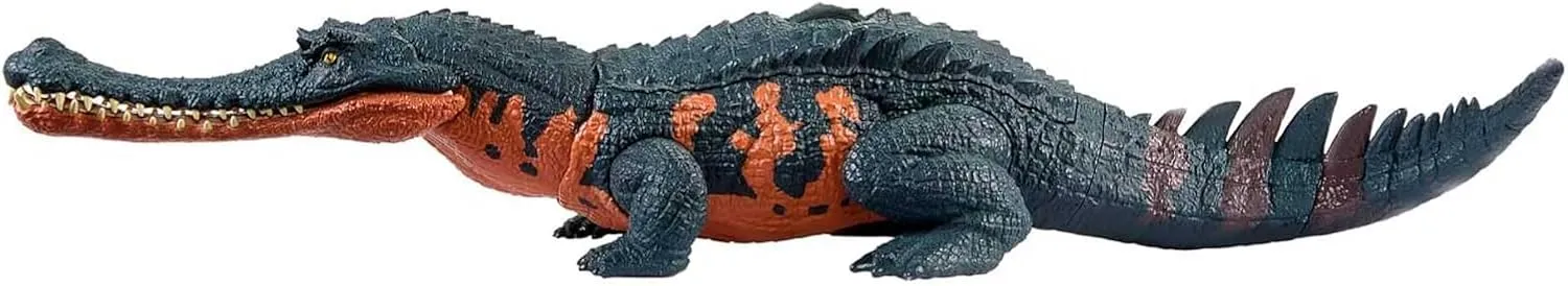 Mattel Jurassic World Wild Roar Dinosaur Toy with Sound & Attack Move, Gryposuchus Posable Action Figure Includes Digital Play, 11 inches Long
