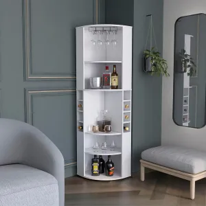 Maximize Small Spaces with Oban Corner Bar Cabinet, Five Shelves and Eight Bottle Cubbies, Modern Design, White