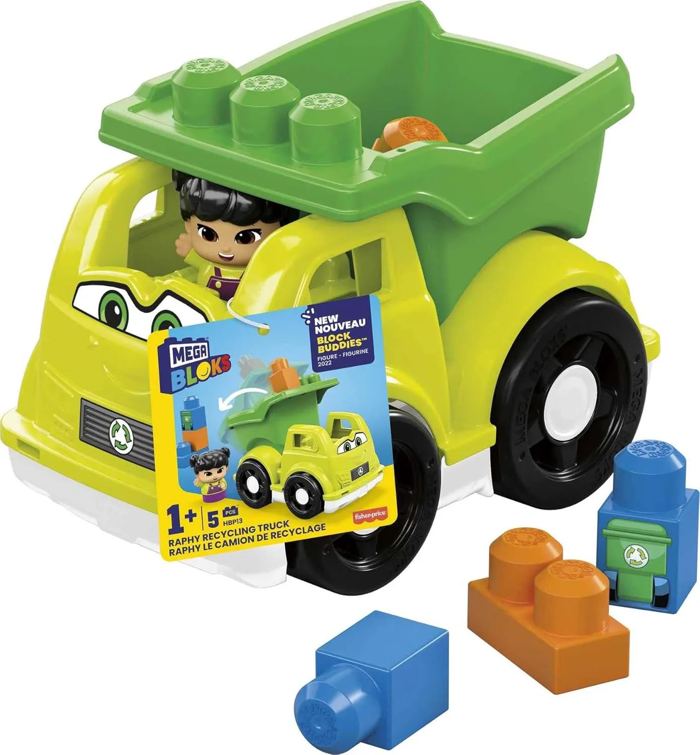 MEGA BLOKS Toddler Building Blockstoy Car with 1 Block Buddies Figure, Raphy Recycling Truck for Toddlers 1-3