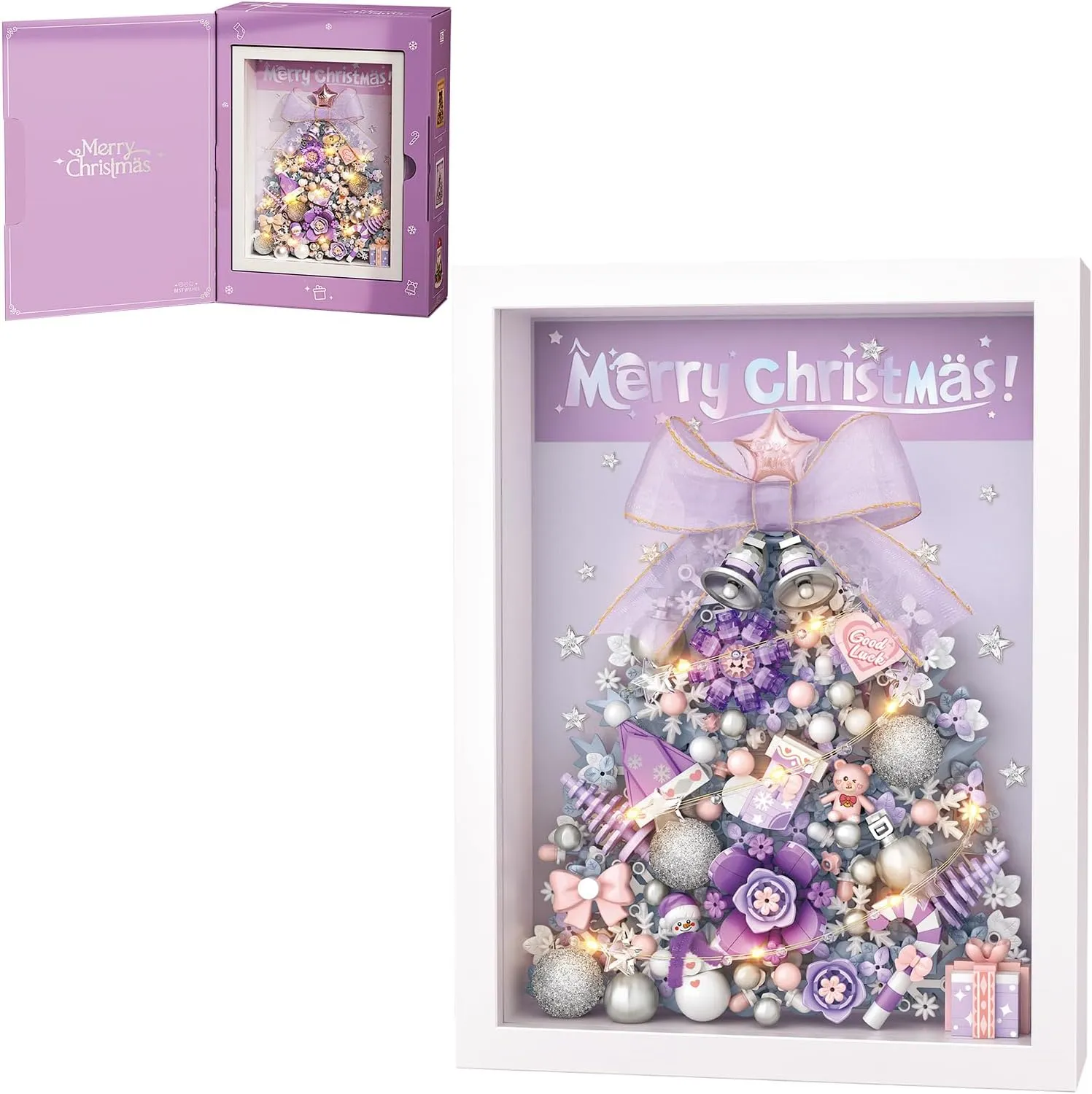 MEIEST Christmas Tree Picture Frame Building Blocks Set,Creative Xmas Building Set with Exquisite Frame,Fantasy Building Bricks Toys,Home Decor (Purple)