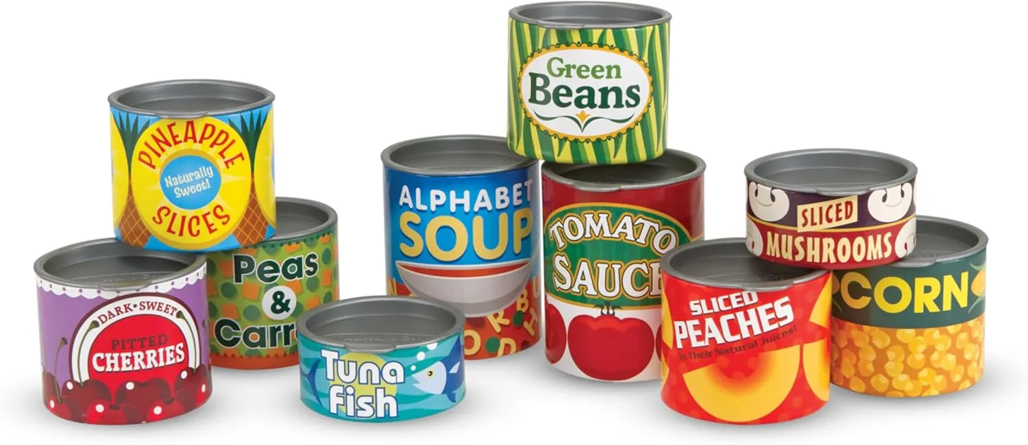 Melissa & Doug Let's Play House! Grocery Cans Play Food Kitchen Accessory ,3  years- 10 Stackable Cans With Removable Lids