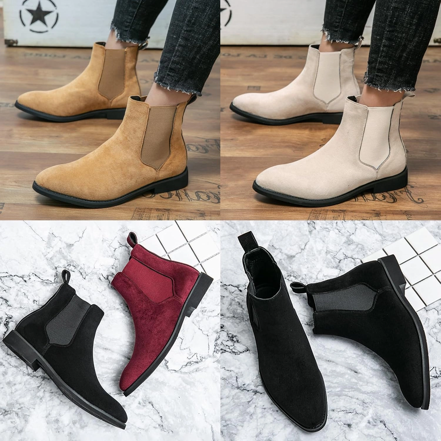 Men's Chelsea Boots Suede High-Top Classic Elastic Pull-on Business Casual Dress Oxford Chukka Ankle Short Booties