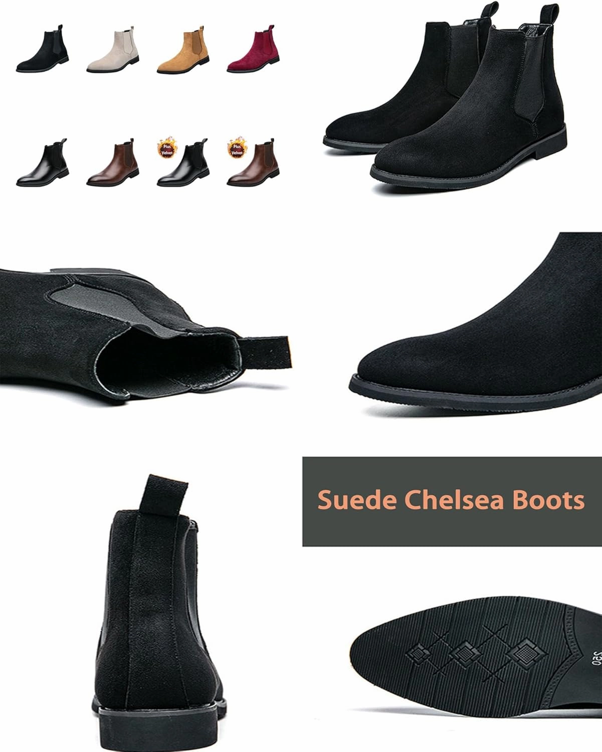 Men's Chelsea Boots Suede High-Top Classic Elastic Pull-on Business Casual Dress Oxford Chukka Ankle Short Booties