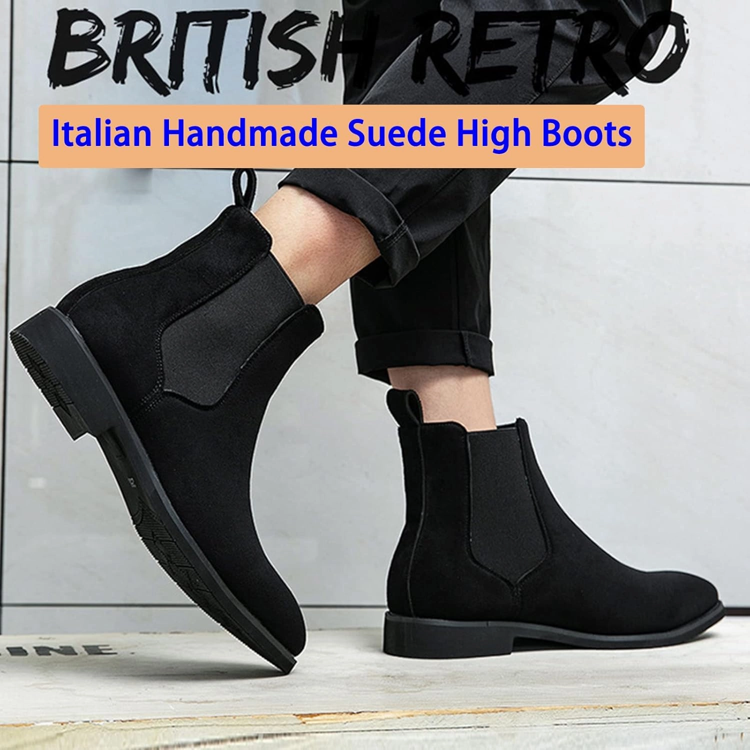 Men's Chelsea Boots Suede High-Top Classic Elastic Pull-on Business Casual Dress Oxford Chukka Ankle Short Booties