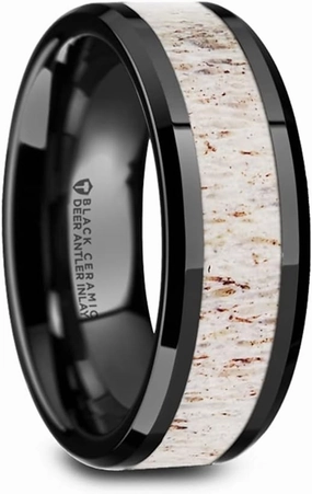 Mens Comfort Fit -Black Ceramic Beveled Wedding Band - Off White Antler Inlay - 8mm Wide - Style name: STAG