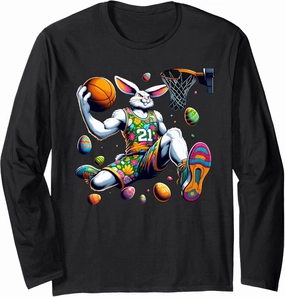 Mens Dunk Easter Bunny Basketball Tee Gift Boys Kids Long Sleeve T-Shirt