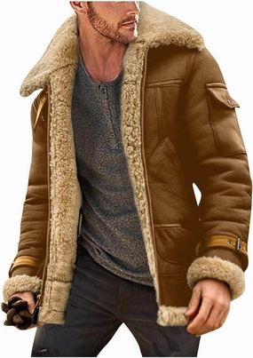 Mens Faux Leather Suede Jacket Sherpa Lined Outwear Coat Sheepskin Casual High Lapel Faux PU Leather Overcoat with Pockets