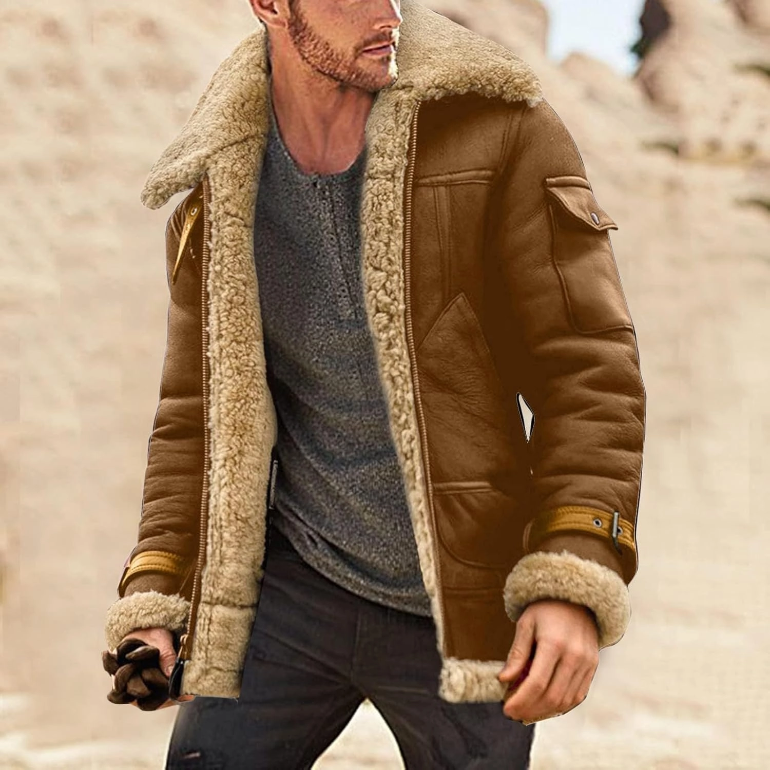 Mens Faux Leather Suede Jacket Sherpa Lined Outwear Coat Sheepskin Casual High Lapel Faux PU Leather Overcoat with Pockets