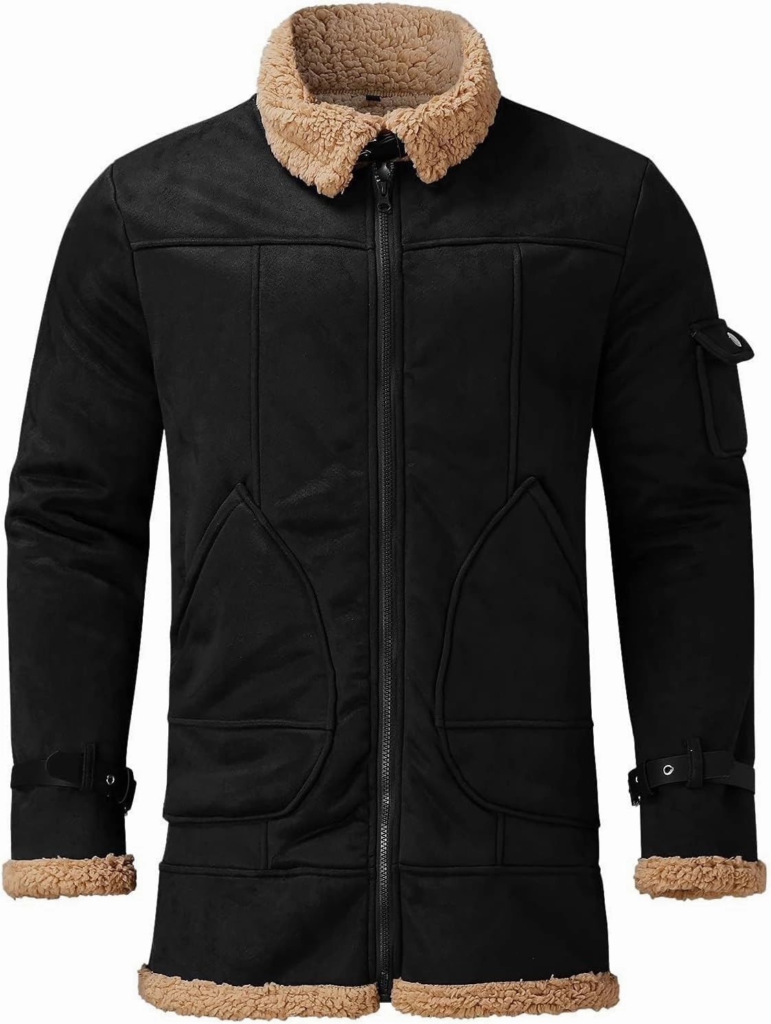 Mens Faux Leather Suede Jacket Sherpa Lined Outwear Coat Sheepskin Casual High Lapel Faux PU Leather Overcoat with Pockets