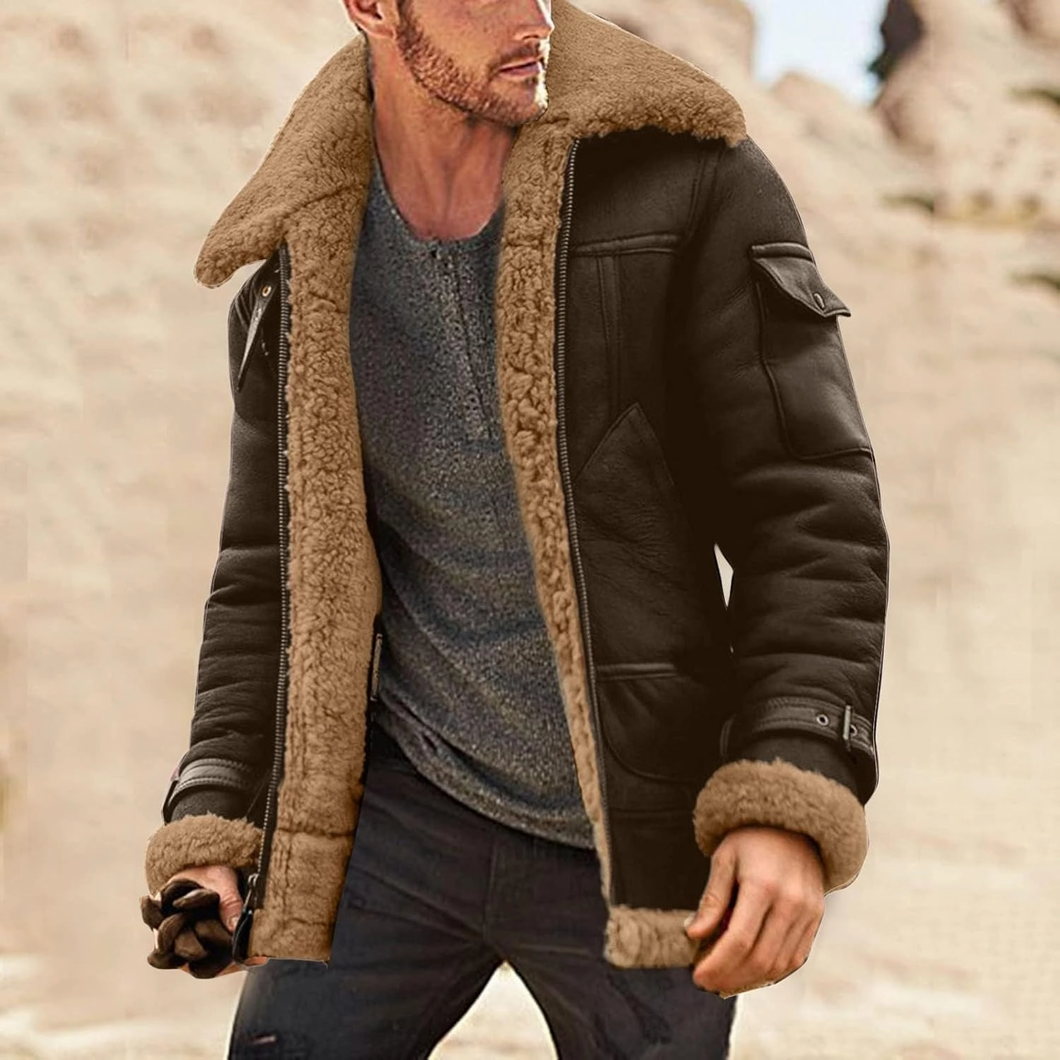 Mens Faux Leather Suede Jacket Sherpa Lined Outwear Coat Sheepskin Casual High Lapel Faux PU Leather Overcoat with Pockets