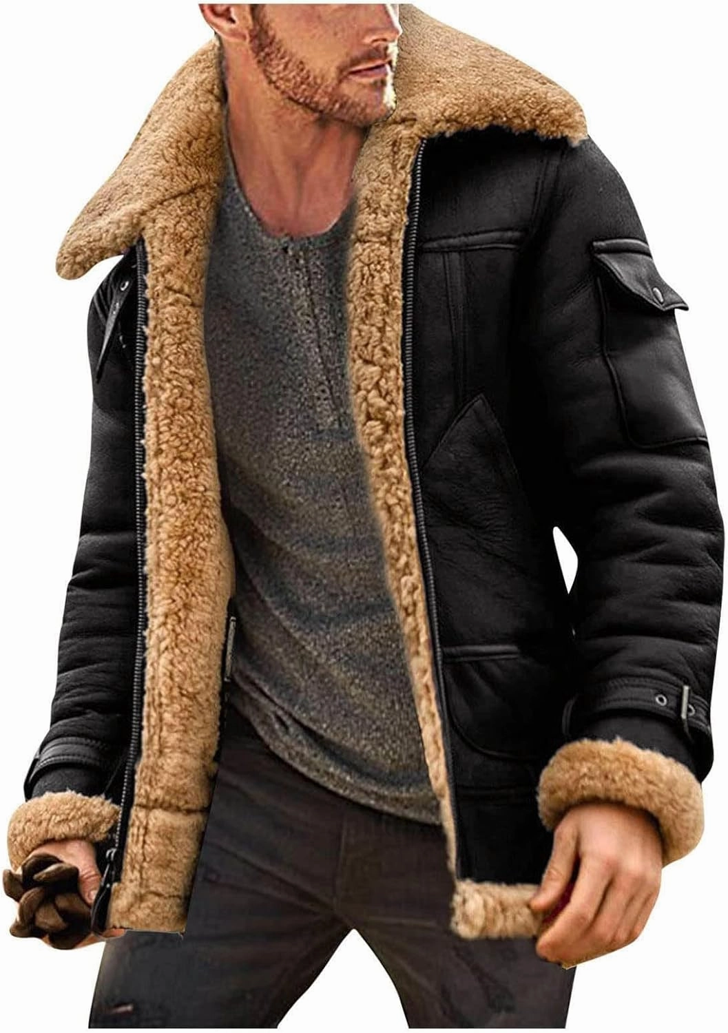 Mens Faux Leather Suede Jacket Sherpa Lined Outwear Coat Sheepskin Casual High Lapel Faux PU Leather Overcoat with Pockets