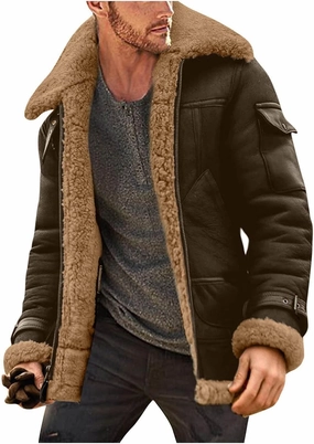 Mens Faux Leather Suede Jacket Sherpa Lined Outwear Coat Sheepskin Casual High Lapel Faux PU Leather Overcoat with Pockets