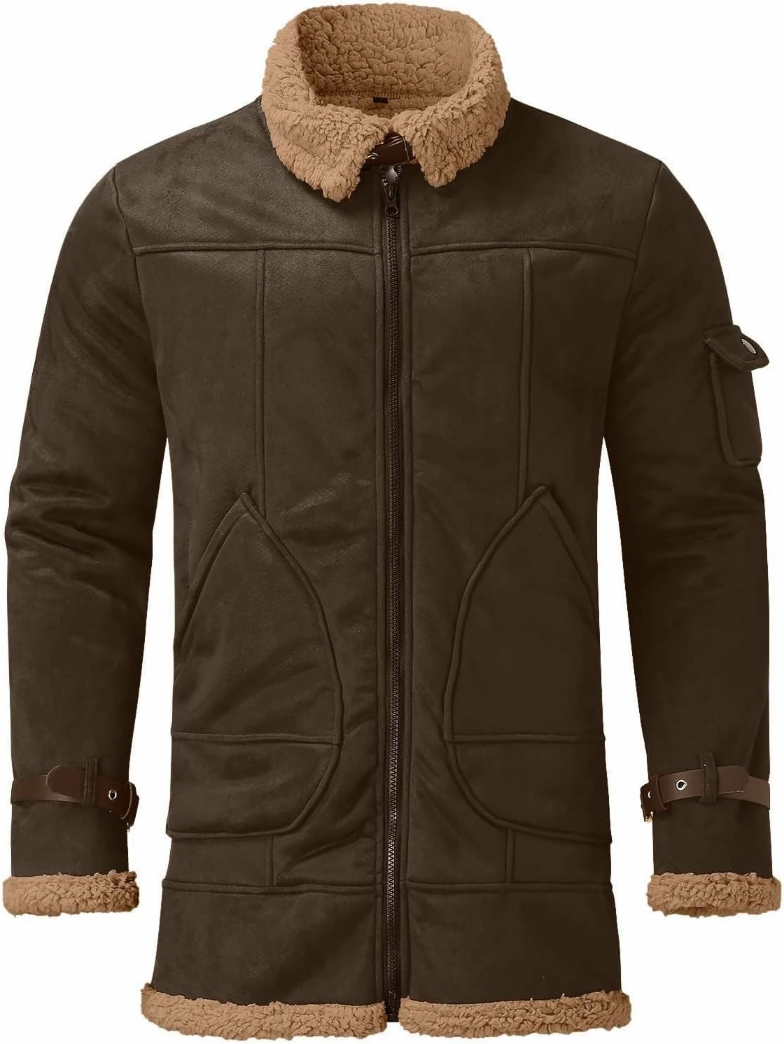 Mens Faux Leather Suede Jacket Sherpa Lined Outwear Coat Sheepskin Casual High Lapel Faux PU Leather Overcoat with Pockets