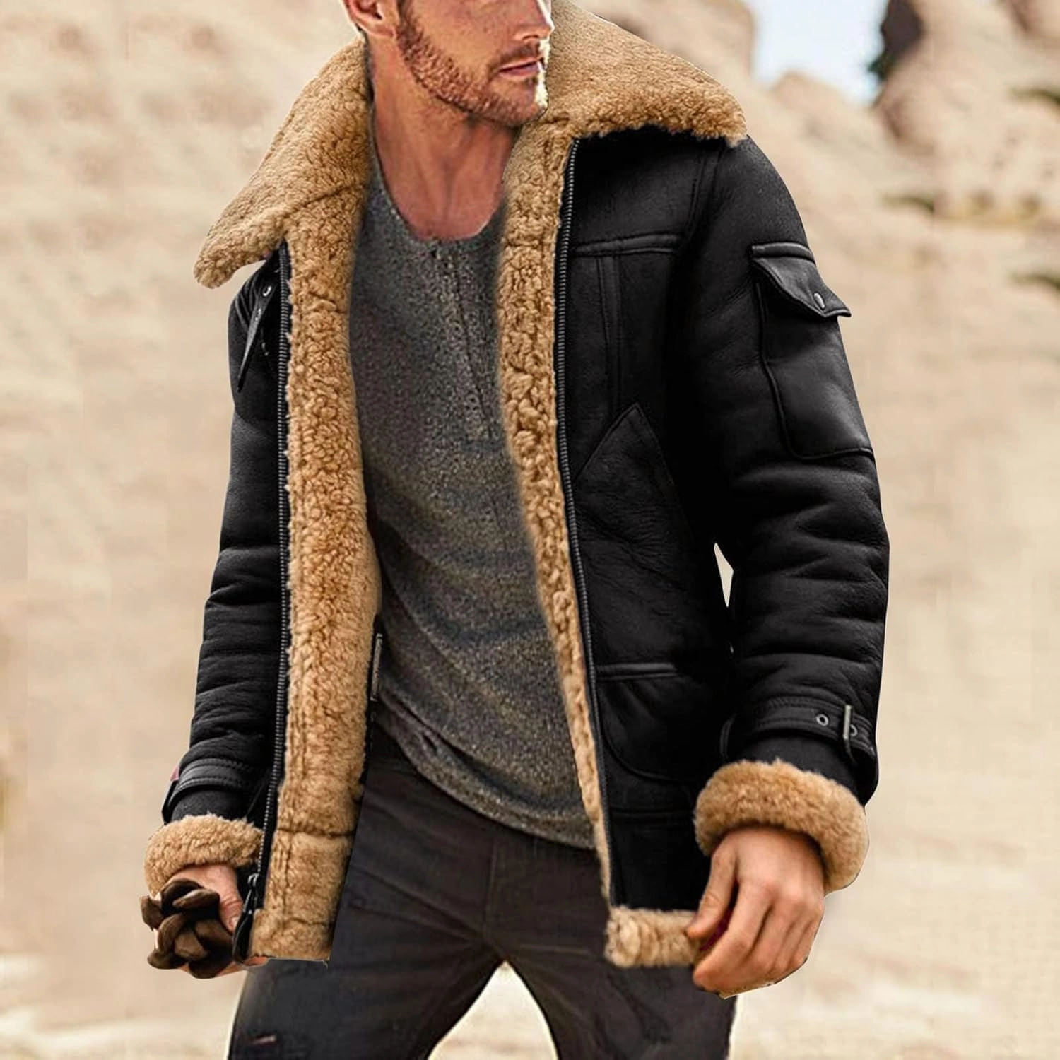 Mens Faux Leather Suede Jacket Sherpa Lined Outwear Coat Sheepskin Casual High Lapel Faux PU Leather Overcoat with Pockets