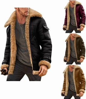 Mens Faux Leather Suede Jacket Sherpa Lined Outwear Coat Sheepskin Casual High Lapel Faux PU Leather Overcoat with Pockets
