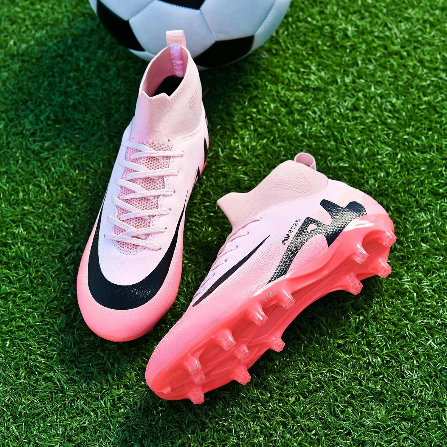 Mens High-Top Soccer Cleats Womens Turf Football Shoes Boys Girls Lightweight Youth Professional Indoor Outdoor AG Black Purple Pink