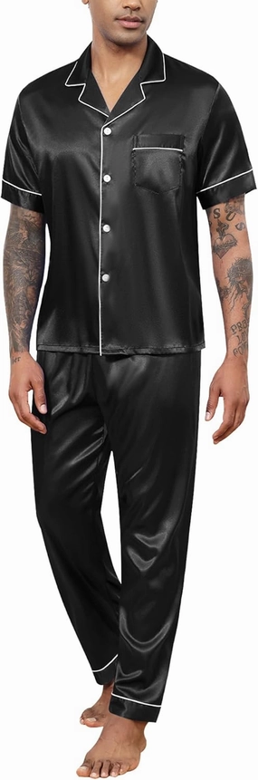 Mens Silk Satin Pajamas Set 2 Piece Classic Pjs Sets Short Sleeve Button Up & Pajama Pants Loungewear Sets