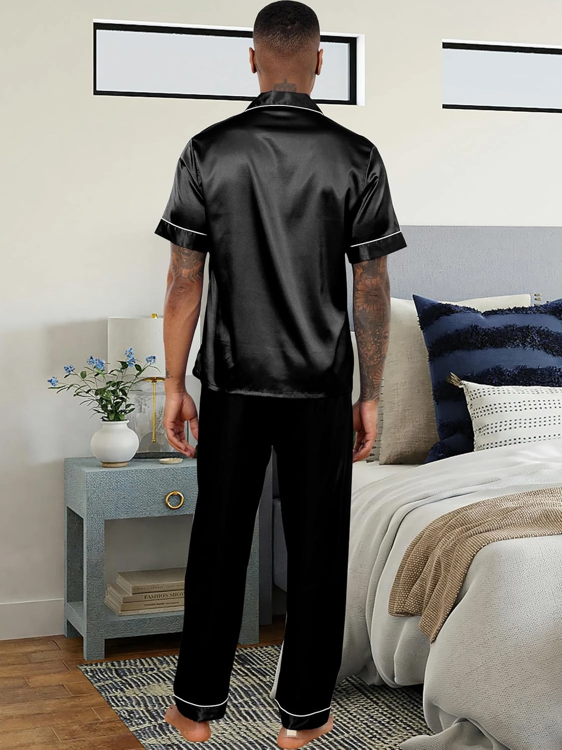 Mens Silk Satin Pajamas Set 2 Piece Classic Pjs Sets Short Sleeve Button Up & Pajama Pants Loungewear Sets