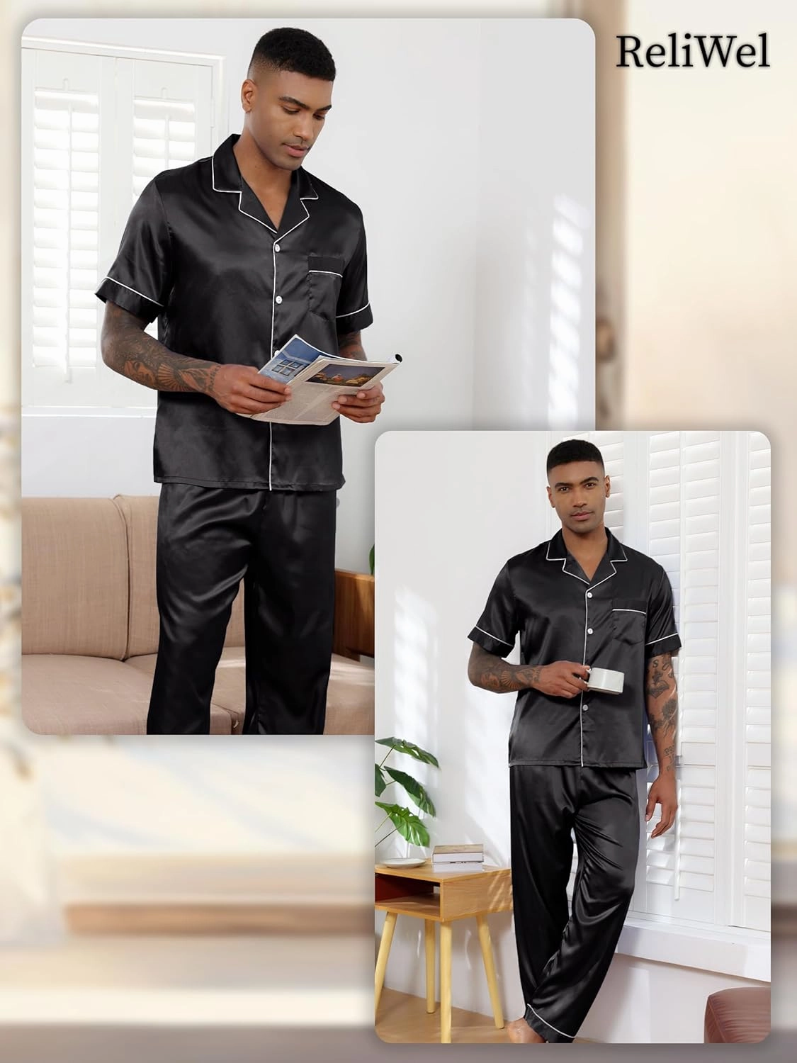 Mens Silk Satin Pajamas Set 2 Piece Classic Pjs Sets Short Sleeve Button Up & Pajama Pants Loungewear Sets