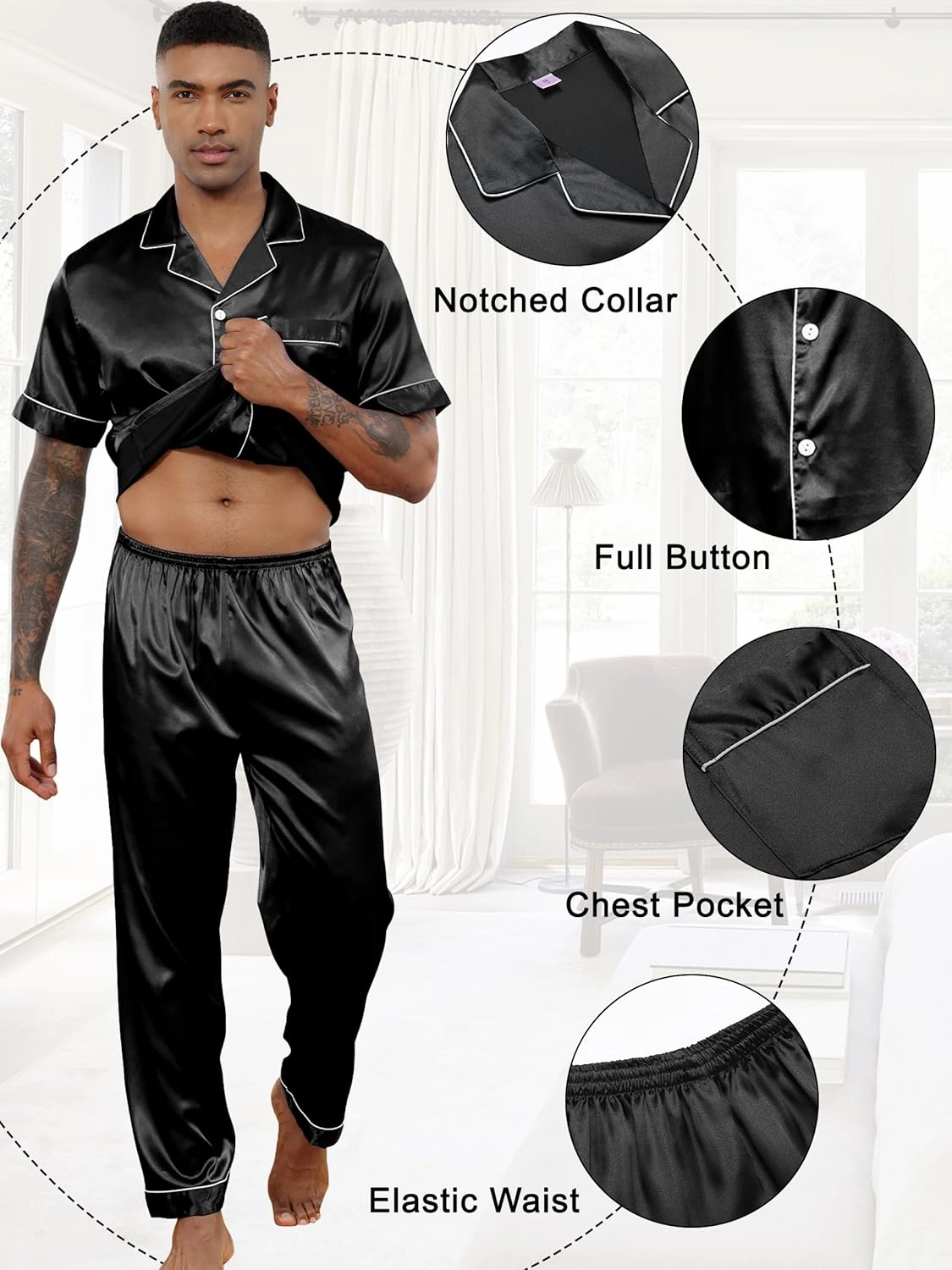 Mens Silk Satin Pajamas Set 2 Piece Classic Pjs Sets Short Sleeve Button Up & Pajama Pants Loungewear Sets