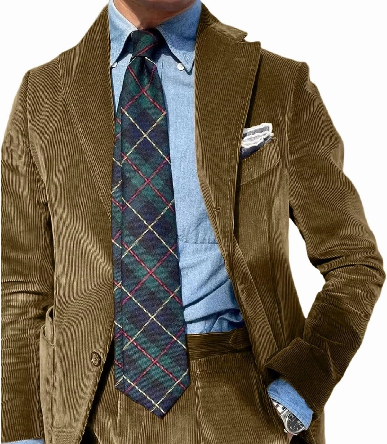 Mens Suits 2 Piece Retro Corduroy Slim Fit Business Formal Dress Suit for Wedding Prom Tuxedos Jacket Pants Set