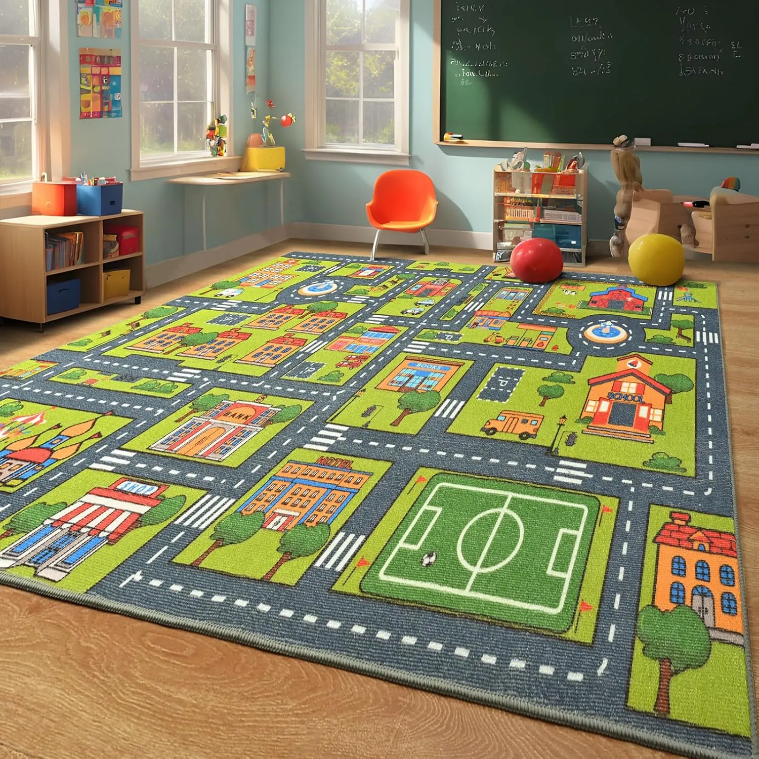 Merelax 4x6 Kids Car Rug Grey Green Area Rugs for Living Room Playroom Classroom Bedroom, Non Slip Kids Play mat Washable Rug, Educational City Traffic Road Map Fun Car Carpet for Ages 3-12