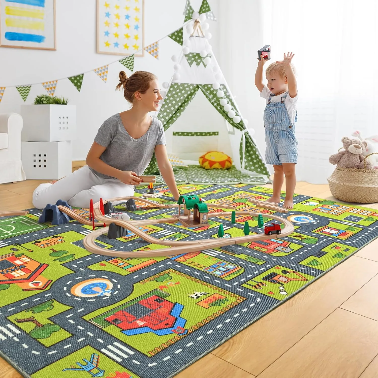 Merelax 4x6 Kids Car Rug Grey Green Area Rugs for Living Room Playroom Classroom Bedroom, Non Slip Kids Play mat Washable Rug, Educational City Traffic Road Map Fun Car Carpet for Ages 3-12