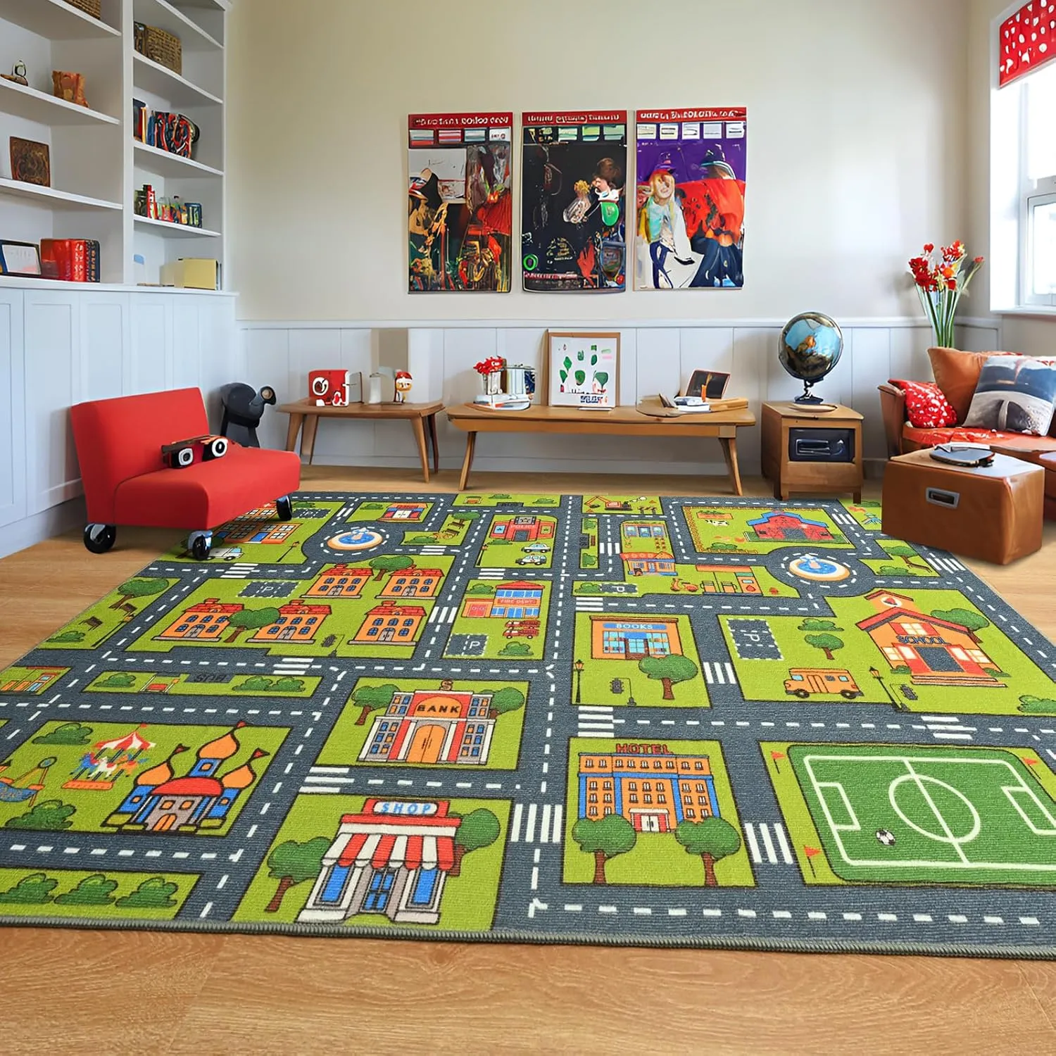 Merelax 4x6 Kids Car Rug Grey Green Area Rugs for Living Room Playroom Classroom Bedroom, Non Slip Kids Play mat Washable Rug, Educational City Traffic Road Map Fun Car Carpet for Ages 3-12