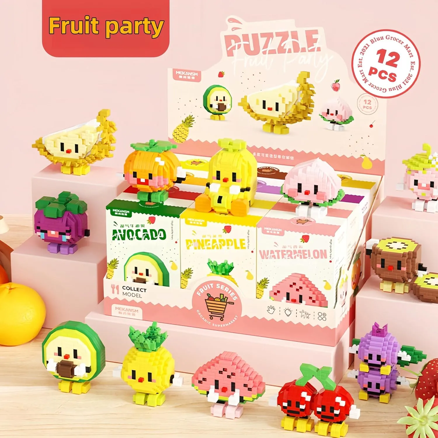 Micro Building Blocks Sets, 12 in 1 Cute Fruit Series for Kids Birthday Party Favors, Mini Building Block, Micro Building Kit Toys, Building Blocks for Adults & Kids