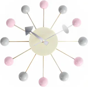 Mid Century Wall Clock -Replica George Nelson Ball Clock for Retro Modern Decor (13") (Pink Grey)