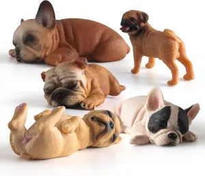 Mini Bulldogs Figurines 5PCS Puppy Party Decorations for Girls Sleeping Dog Figurines for Kids Dogs Figures Bulldog Toys Dollhouse Christmas Birthday Gift 2-3.5 Inch