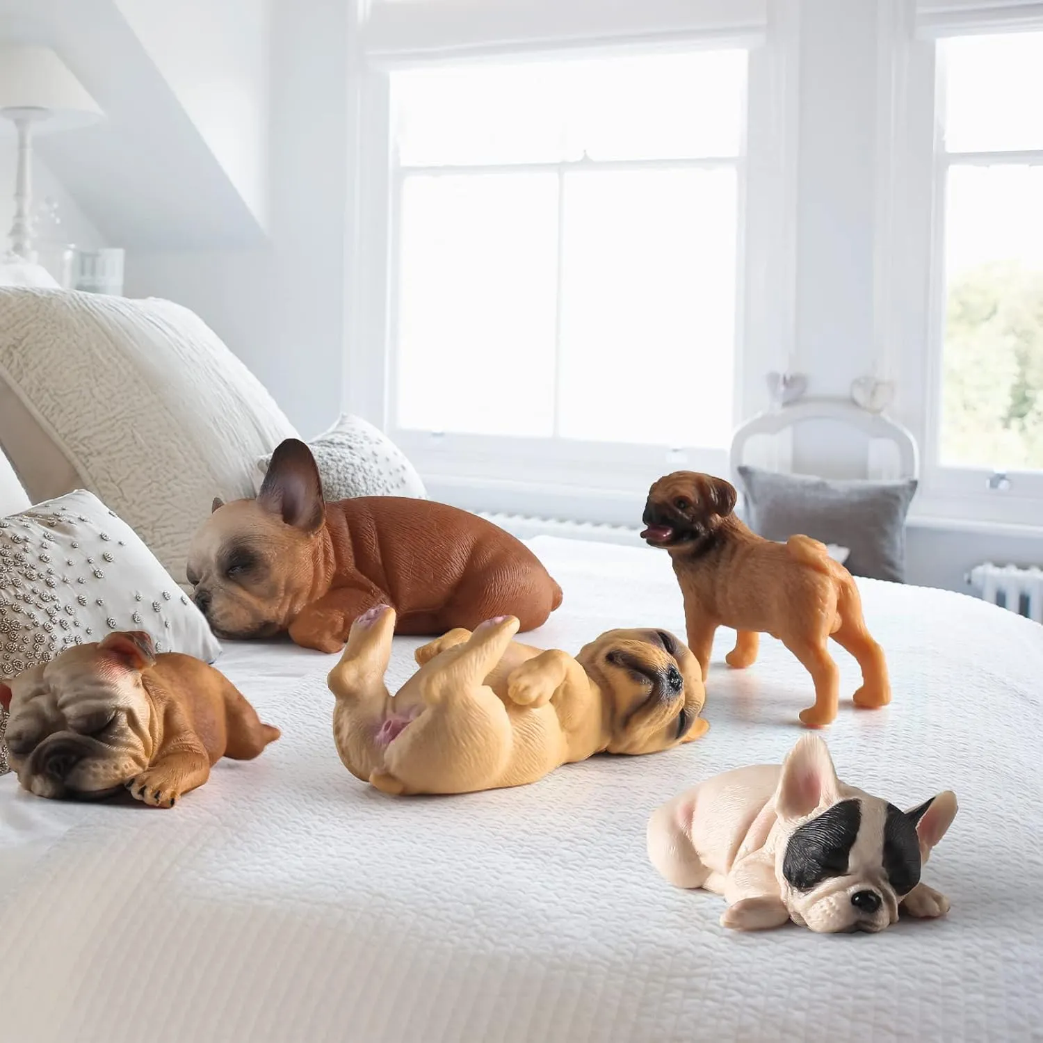 Mini Bulldogs Figurines 5PCS Puppy Party Decorations for Girls Sleeping Dog Figurines for Kids Dogs Figures Bulldog Toys Dollhouse Christmas Birthday Gift 2-3.5 Inch